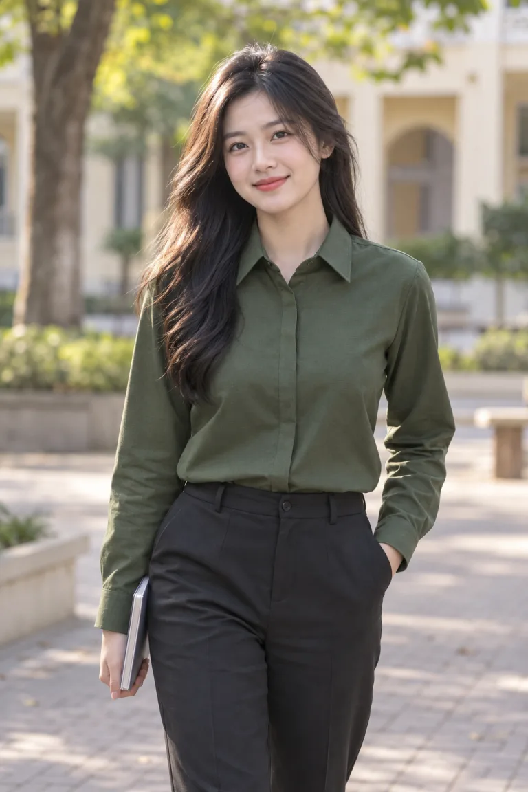 Người mẫu Việt Nam mặc Áo sơ mi đồng phục tay dài cổ đức màu xanh rêu, vải oxford cotton, nẹp giấu nút