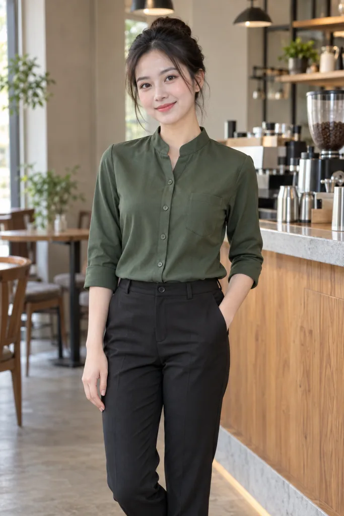 Người mẫu Việt Nam mặc Áo sơ mi đồng phục cổ tàu hiện đại màu xanh rêu, vải kate ford, túi ngực gọn