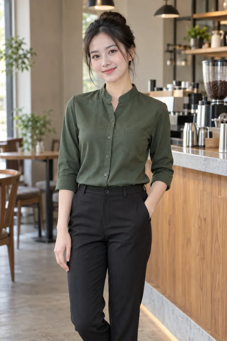 Người mẫu Việt Nam mặc Áo sơ mi đồng phục cổ tàu hiện đại màu xanh rêu, vải kate ford, túi ngực gọn