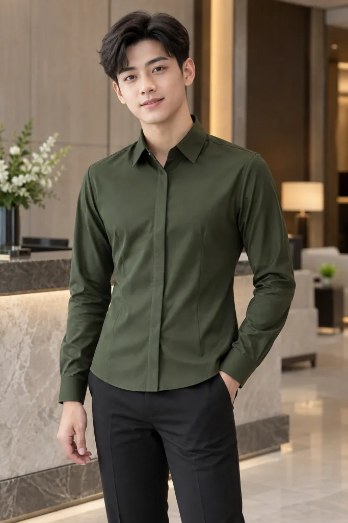Áo sơ mi đồng phục form nữ chiết eo màu xanh rêu, vải kate silk, nẹp giấu nút