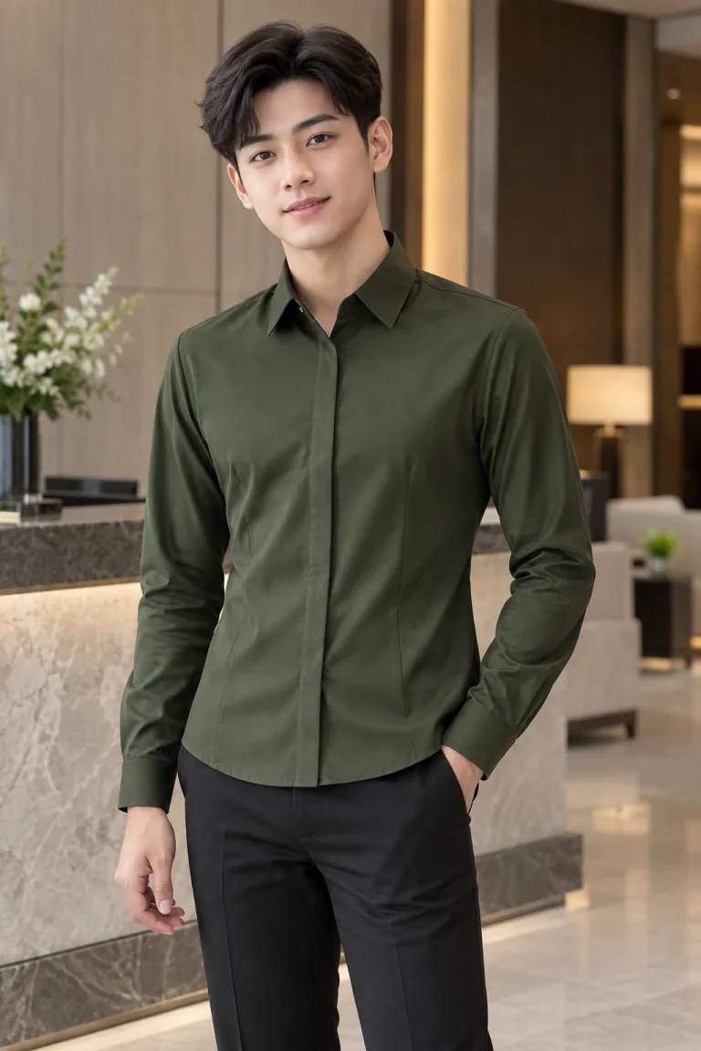 Người mẫu Việt Nam mặc Áo sơ mi đồng phục form nữ chiết eo màu xanh rêu, vải kate silk, nẹp giấu nút