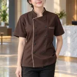 Áo bếp đồng phục vạt chéo hai hàng nút màu nâu cà phê, vải cotton twill, phối viền cổ