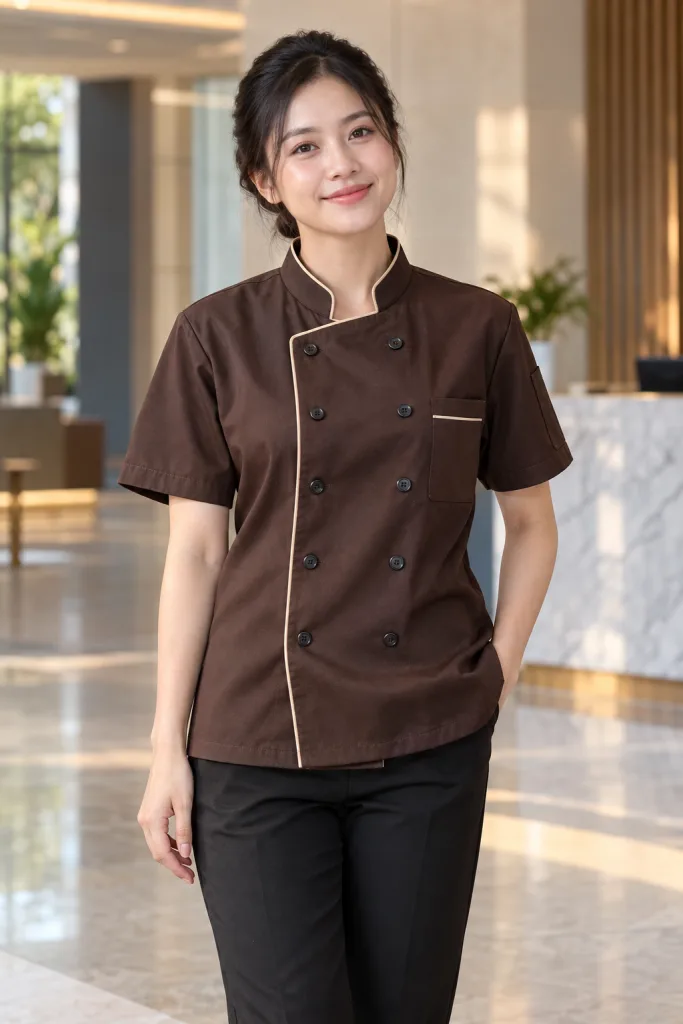 Người mẫu Việt Nam mặc Áo bếp đồng phục vạt chéo hai hàng nút màu nâu cà phê, vải cotton twill, phối viền cổ
