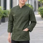 Áo bếp đồng phục cổ tàu tay dài màu xanh rêu, vải cotton twill, túi tay tiện dụng