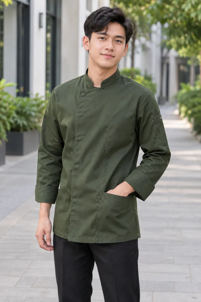 Người mẫu Việt Nam mặc Áo bếp đồng phục cổ tàu tay dài màu xanh rêu, vải cotton twill, túi tay tiện dụng