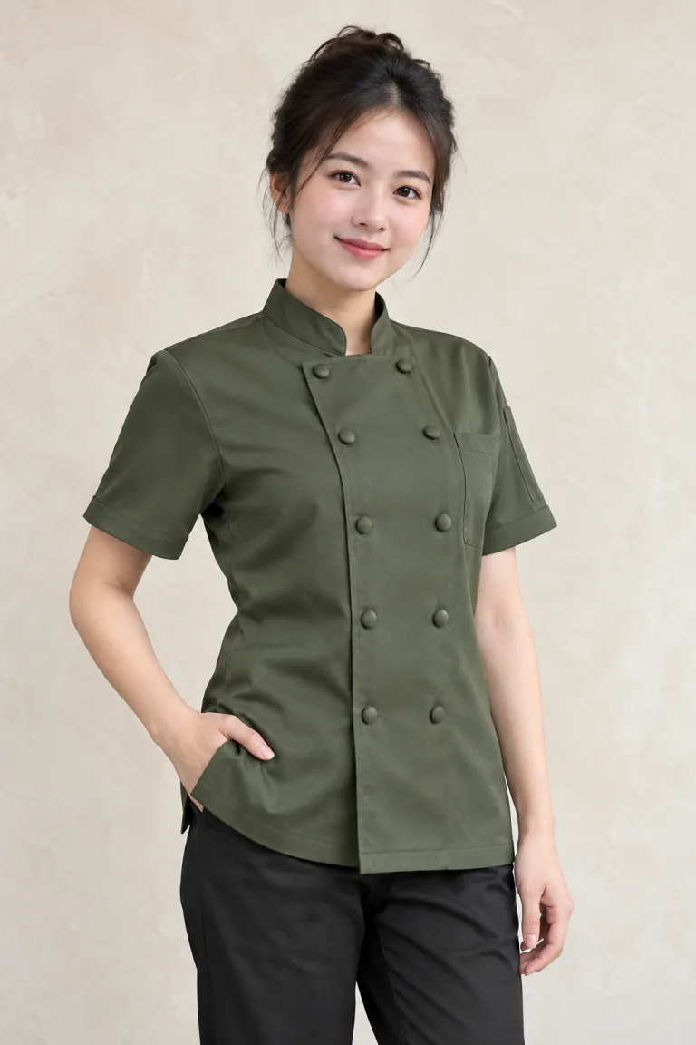 Người mẫu Việt Nam mặc Áo bếp đồng phục tay ngắn thoáng nhẹ màu xanh rêu, vải vải chéo ít nhăn, nút bọc đồng màu