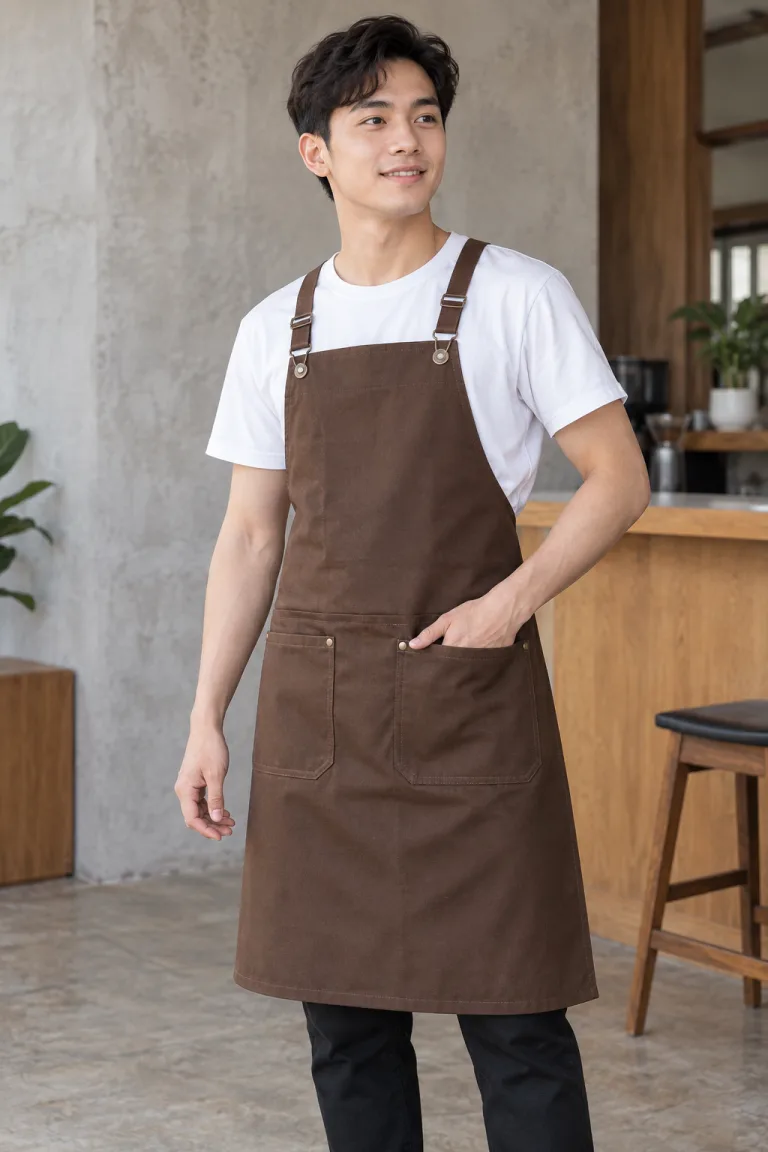 Người mẫu Việt Nam mặc Tạp dề đồng phục dây đeo chữ X màu nâu cà phê, vải kaki thun, túi đôi phía trước