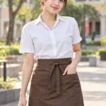 Tạp dề đồng phục ngắn thắt eo màu nâu cà phê, vải kaki thun, túi đôi phía trước