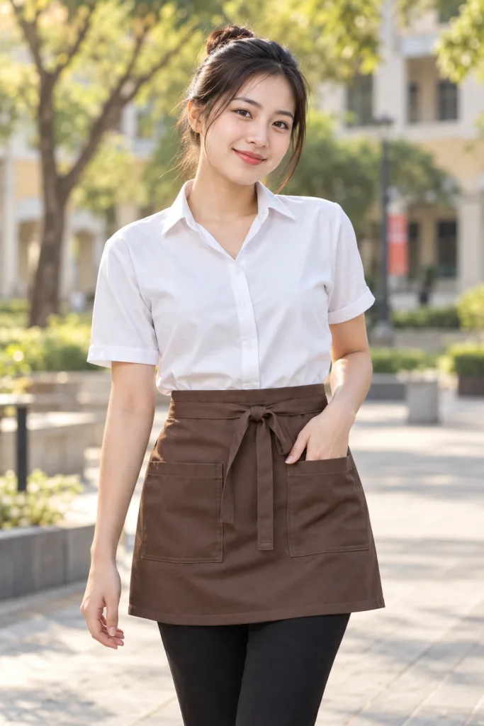 Tạp dề đồng phục ngắn thắt eo màu nâu cà phê, vải kaki thun, túi đôi phía trước