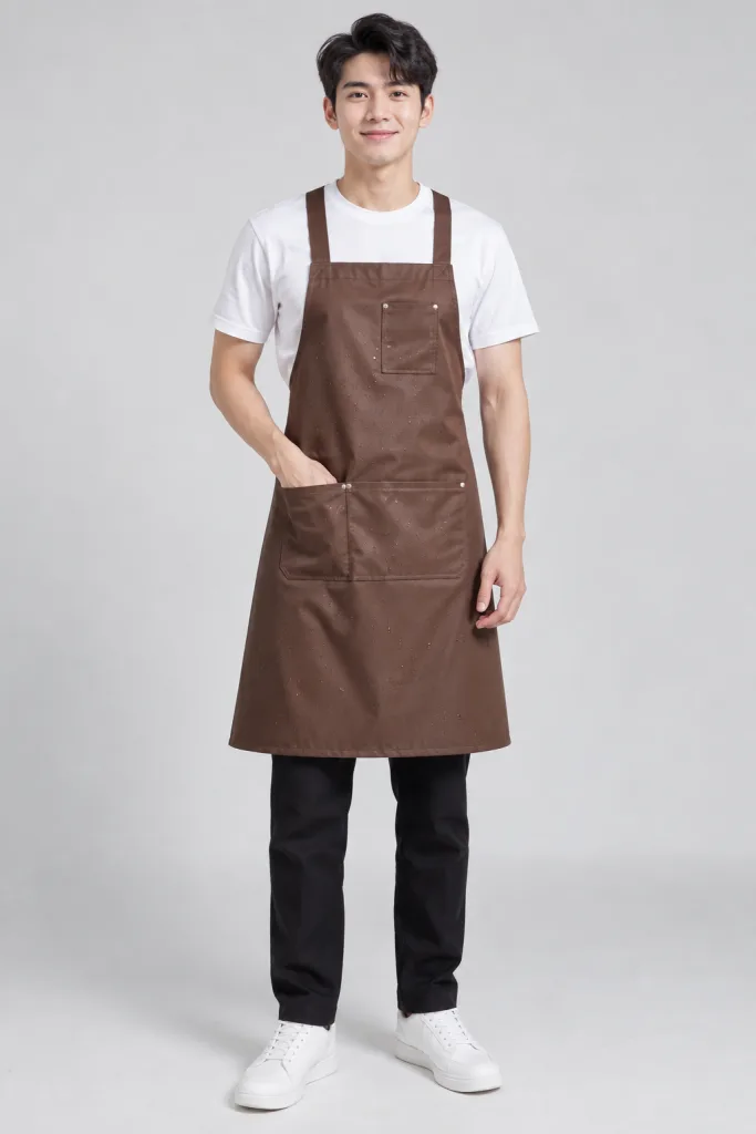 Tạp dề đồng phục dạng váy chống nước màu nâu cà phê, vải vải chống thấm, túi ngực nhỏ