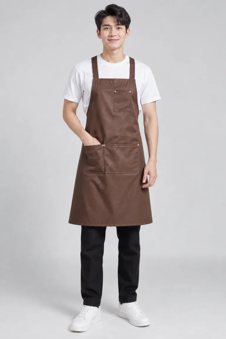 Người mẫu Việt Nam mặc Tạp dề đồng phục dạng váy chống nước màu nâu cà phê, vải vải chống thấm, túi ngực nhỏ