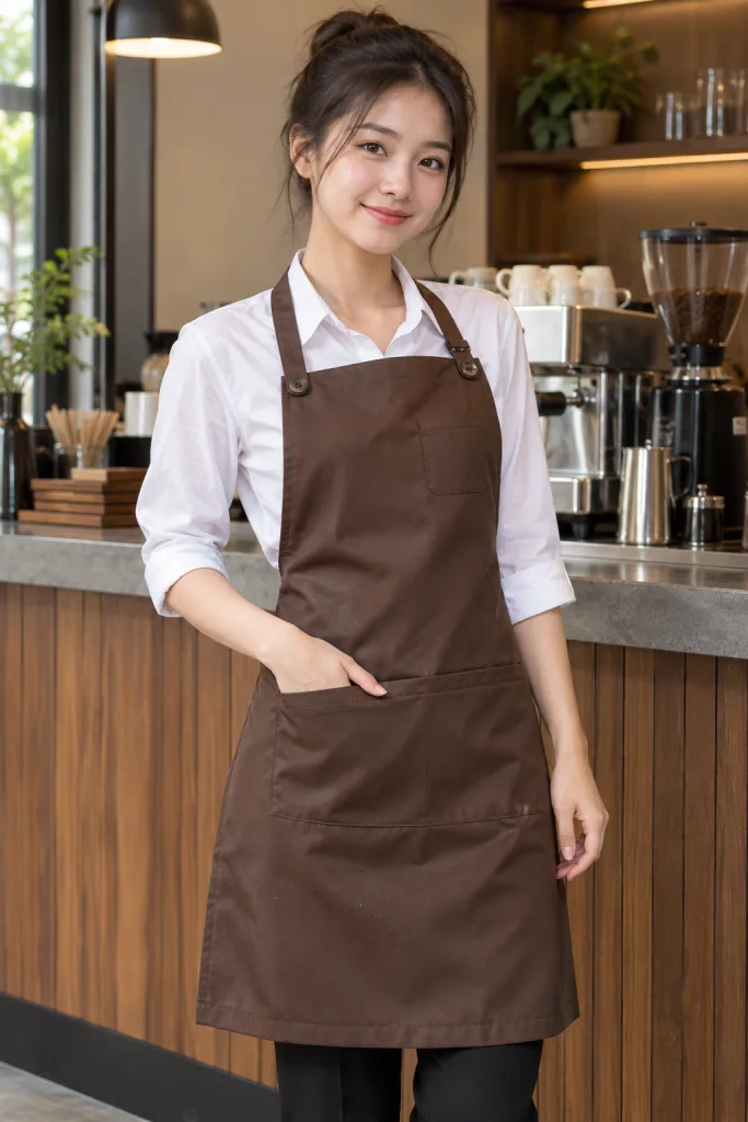 Người mẫu Việt Nam mặc Tạp dề đồng phục yếm cúc điều chỉnh màu nâu cà phê, vải vải chống thấm, túi ngực nhỏ