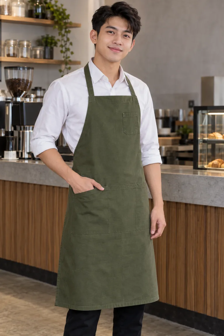 Người mẫu Việt Nam mặc Tạp dề đồng phục dài đeo cổ màu xanh rêu, vải canvas mềm, túi ngực nhỏ