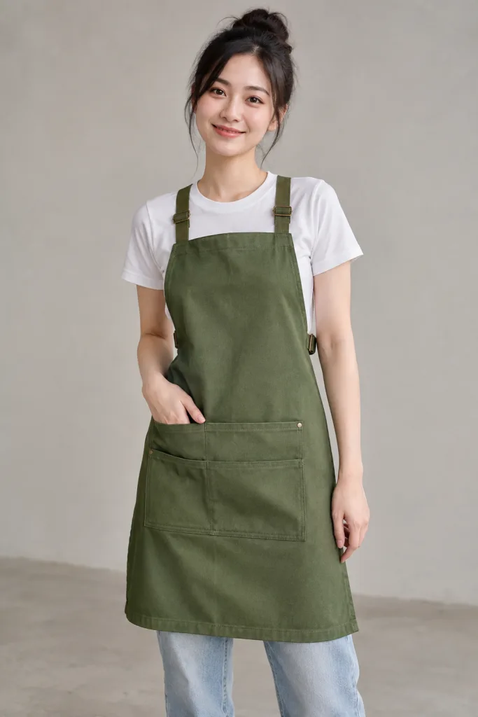 Tạp dề đồng phục dây đeo chữ X màu xanh rêu, vải canvas mềm, dây tăng giảm