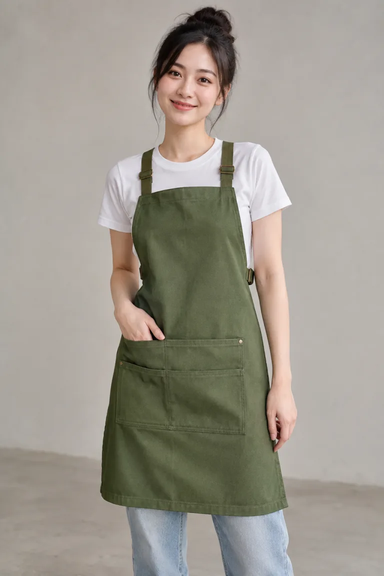 Người mẫu Việt Nam mặc Tạp dề đồng phục dây đeo chữ X màu xanh rêu, vải canvas mềm, dây tăng giảm