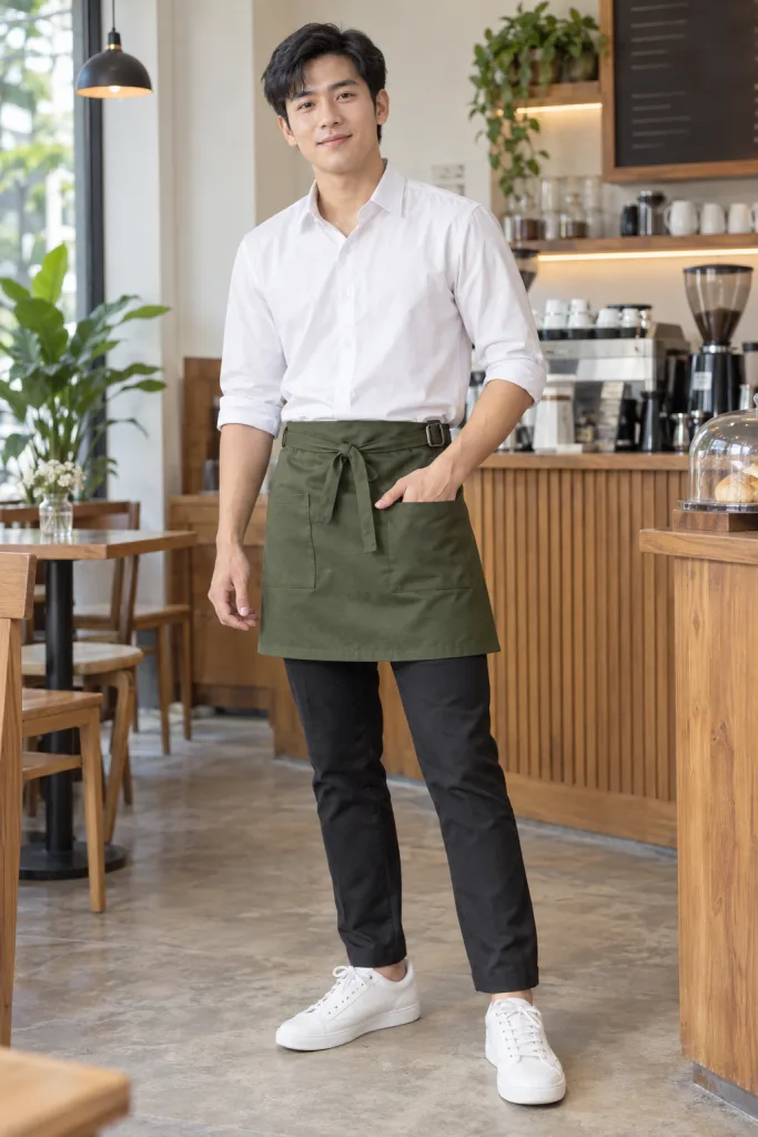 Người mẫu Việt Nam mặc Tạp dề đồng phục ngắn thắt eo màu xanh rêu, vải kaki cotton, dây tăng giảm