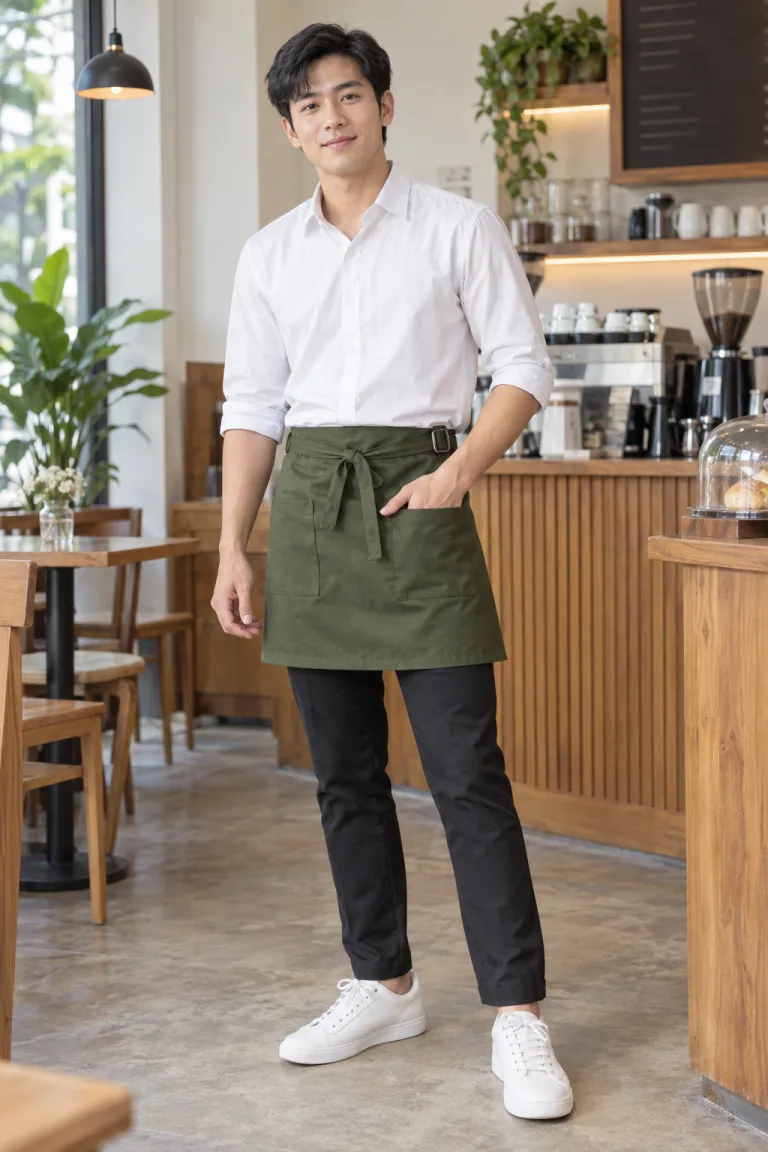 Người mẫu Việt Nam mặc Tạp dề đồng phục ngắn thắt eo màu xanh rêu, vải kaki cotton, dây tăng giảm