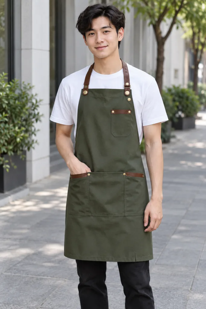 Người mẫu Việt Nam mặc Tạp dề đồng phục yếm cúc điều chỉnh màu xanh rêu, vải kaki thun, phối da nhân tạo
