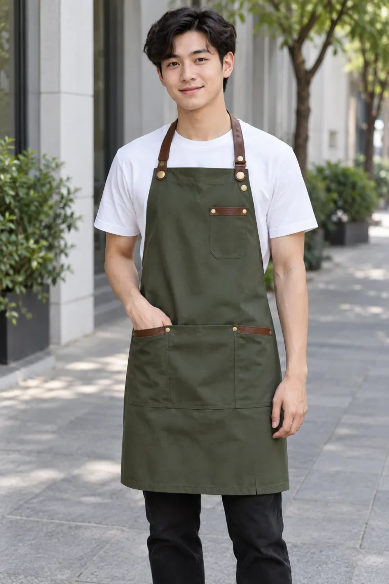 Người mẫu Việt Nam mặc Tạp dề đồng phục yếm cúc điều chỉnh màu xanh rêu, vải kaki thun, phối da nhân tạo