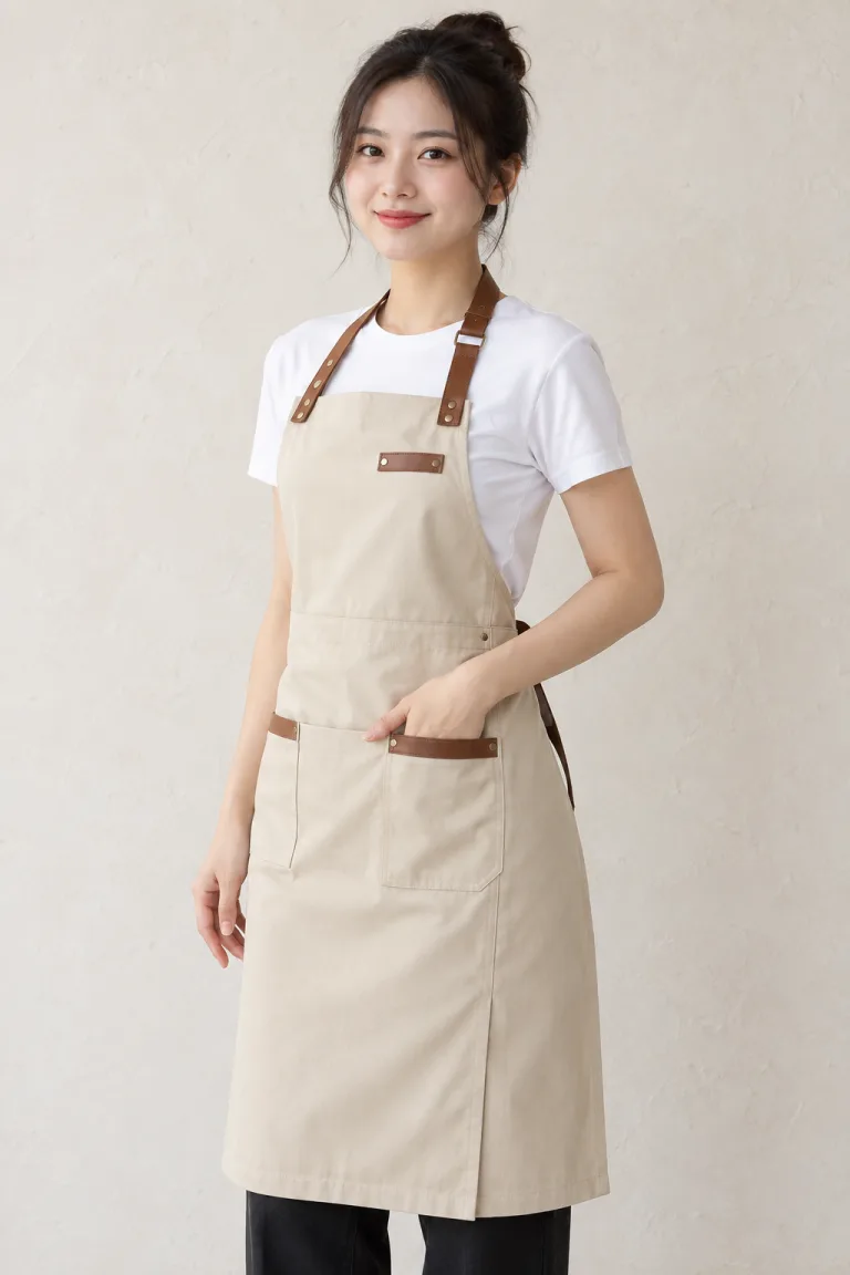 Người mẫu Việt Nam mặc Tạp dề đồng phục dài đeo cổ màu be kem, vải kaki thun, phối da nhân tạo