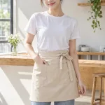 Tạp dề đồng phục ngắn thắt eo màu be kem, vải vải chống thấm, đường may gia cố