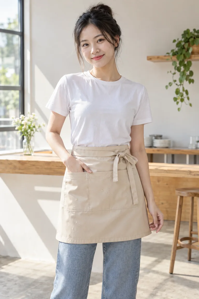 Người mẫu Việt Nam mặc Tạp dề đồng phục ngắn thắt eo màu be kem, vải vải chống thấm, đường may gia cố