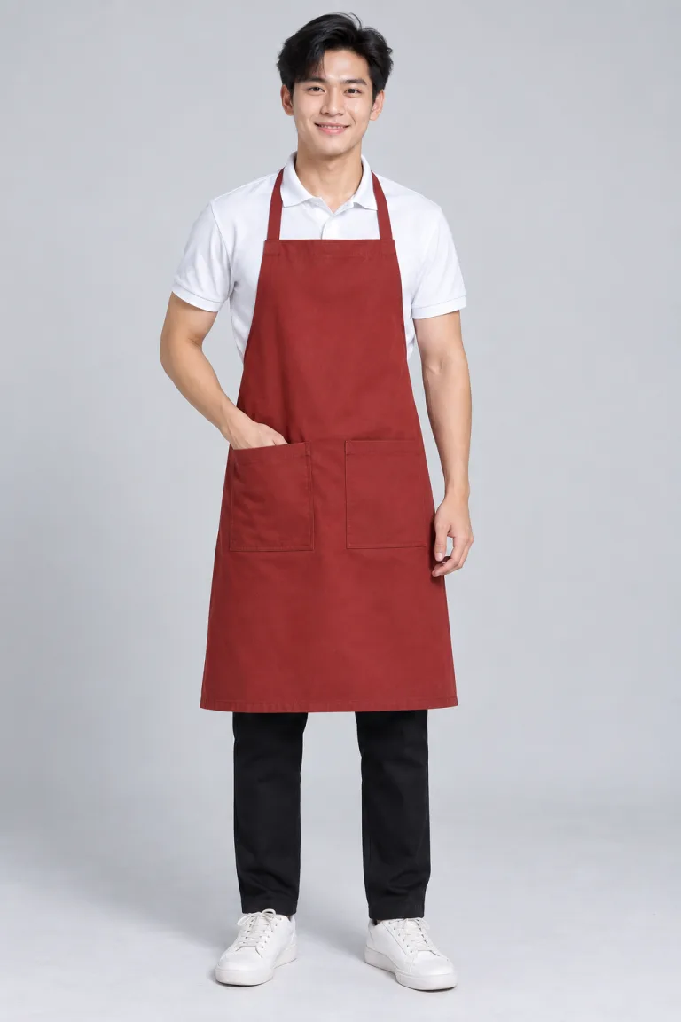 Người mẫu Việt Nam mặc Tạp dề đồng phục dài đeo cổ màu đỏ gạch, vải kaki cotton, túi đôi phía trước