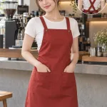 Tạp dề đồng phục dây đeo chữ X màu đỏ gạch, vải kaki cotton, túi đôi phía trước