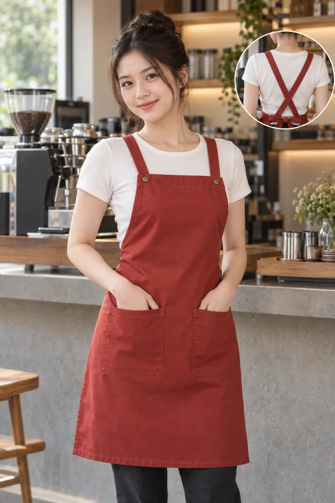 Người mẫu Việt Nam mặc Tạp dề đồng phục dây đeo chữ X màu đỏ gạch, vải kaki cotton, túi đôi phía trước