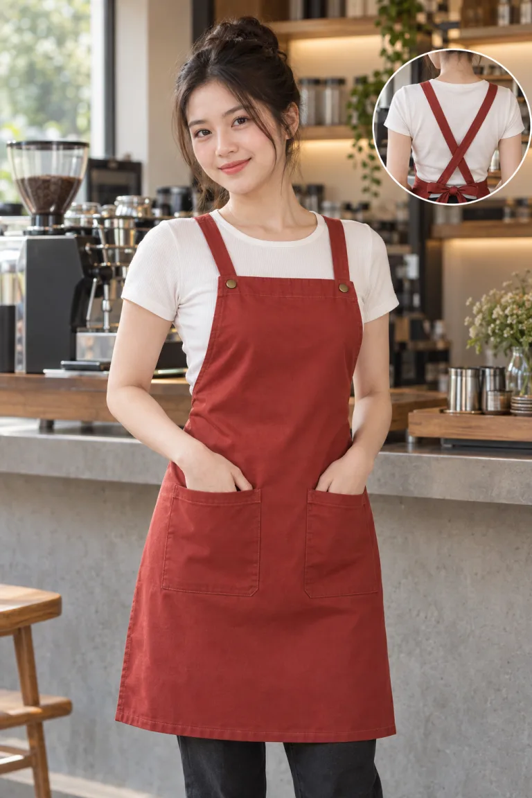 Người mẫu Việt Nam mặc Tạp dề đồng phục dây đeo chữ X màu đỏ gạch, vải kaki cotton, túi đôi phía trước