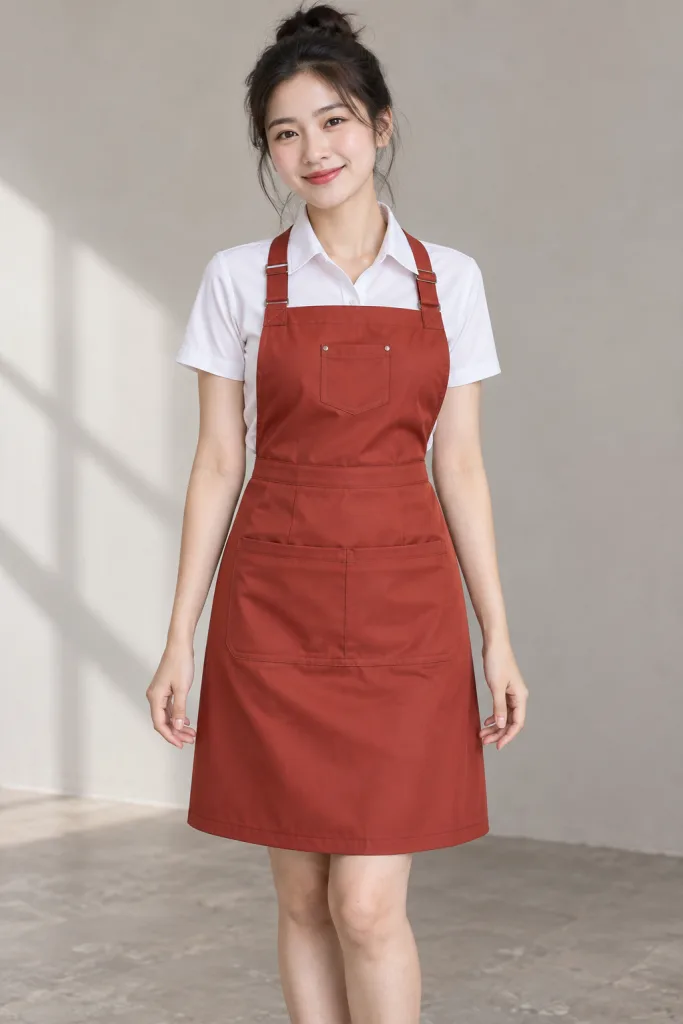 Người mẫu Việt Nam mặc Tạp dề đồng phục dạng váy chống nước màu đỏ gạch, vải kaki thun, túi ngực nhỏ