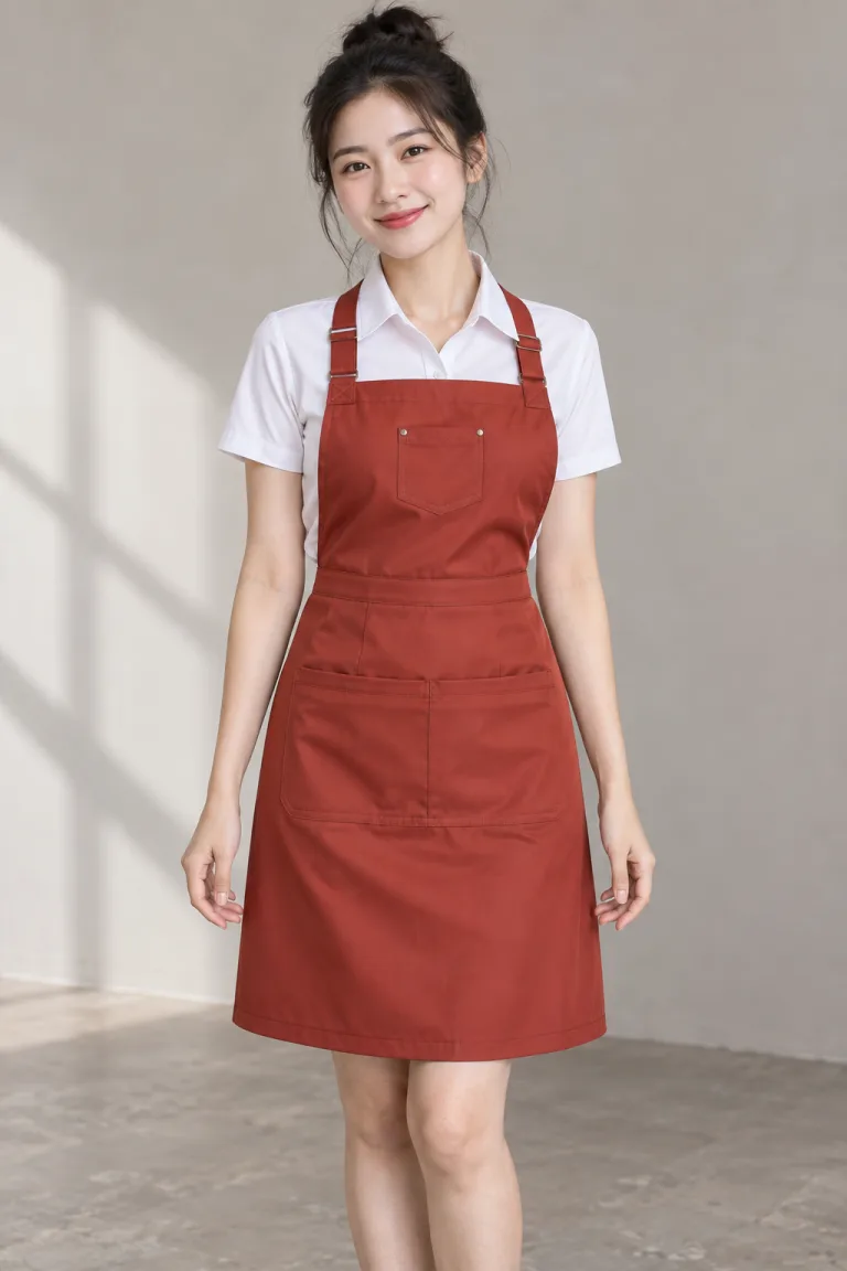 Người mẫu Việt Nam mặc Tạp dề đồng phục dạng váy chống nước màu đỏ gạch, vải kaki thun, túi ngực nhỏ