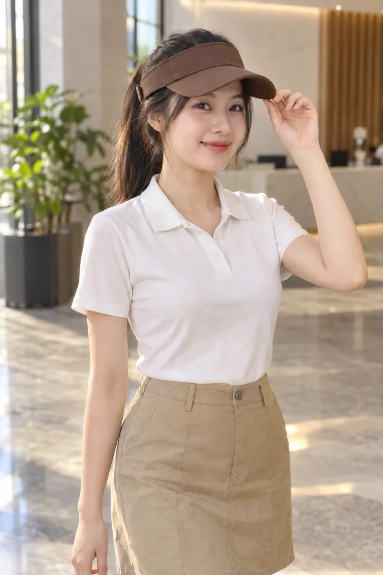 Người mẫu Việt Nam mặc Mũ đồng phục visor nửa đầu màu nâu cà phê, vải kaki cotton, khóa tăng chỉnh
