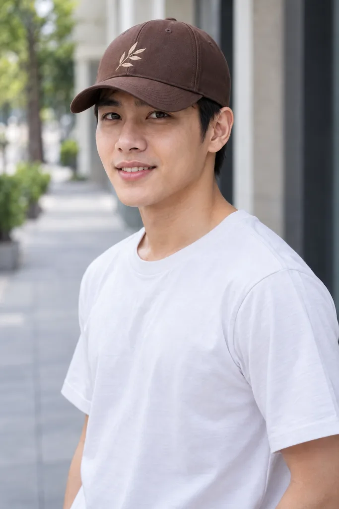 Người mẫu Việt Nam mặc Mũ đồng phục lưỡi trai sáu múi màu nâu cà phê, vải vải nhẹ thoáng khí, thêu logo mặt trước