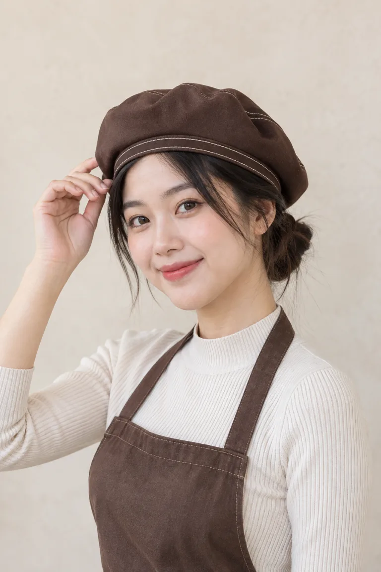 Người mẫu Việt Nam mặc Mũ đồng phục beret mềm màu nâu cà phê, vải vải nhẹ thoáng khí, viền chỉ tương phản