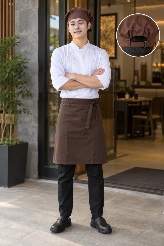 Người mẫu Việt Nam mặc Mũ đồng phục mũ bếp chụp đầu màu nâu cà phê, vải vải canvas, khóa tăng chỉnh