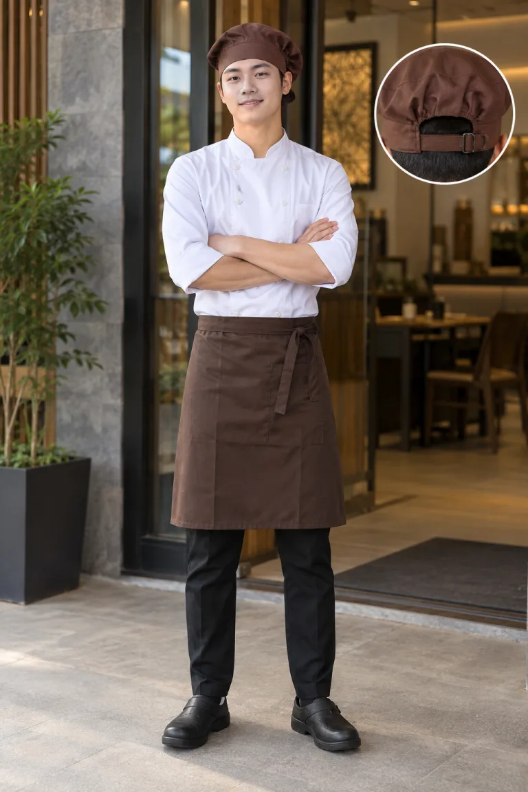 Người mẫu Việt Nam mặc Mũ đồng phục mũ bếp chụp đầu màu nâu cà phê, vải vải canvas, khóa tăng chỉnh