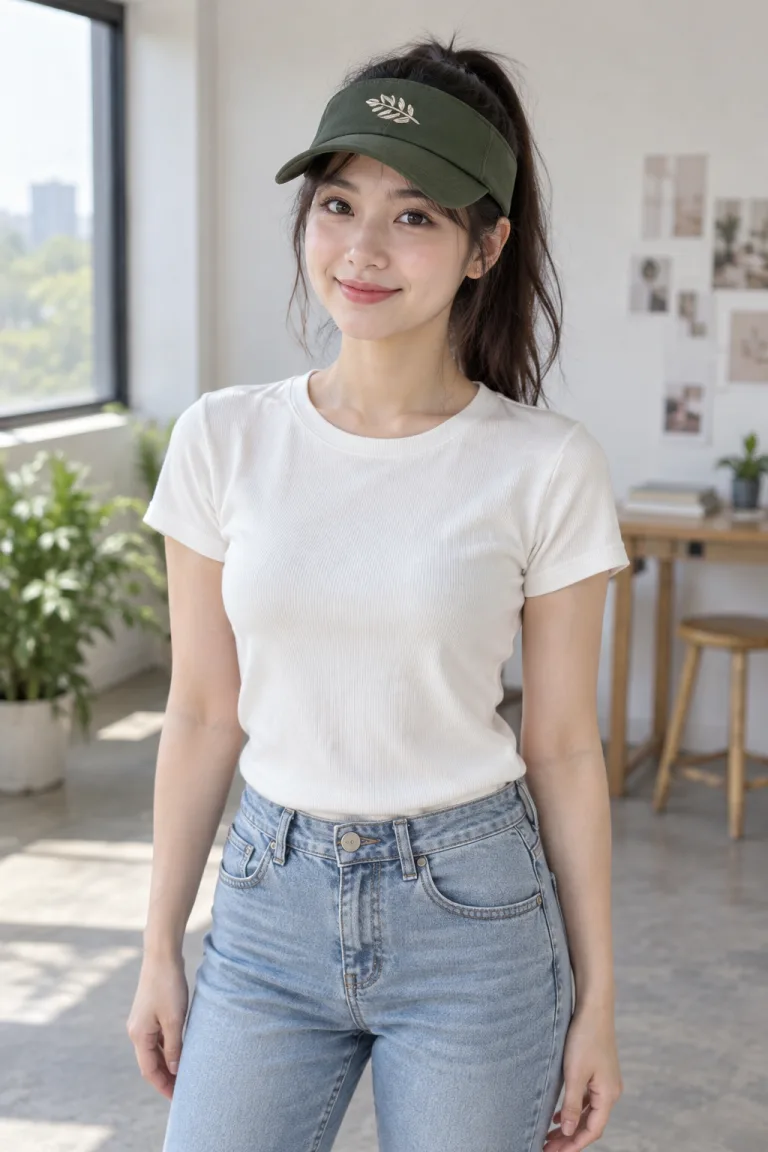 Người mẫu Việt Nam mặc Mũ đồng phục visor nửa đầu màu xanh rêu, vải vải canvas, thêu logo mặt trước