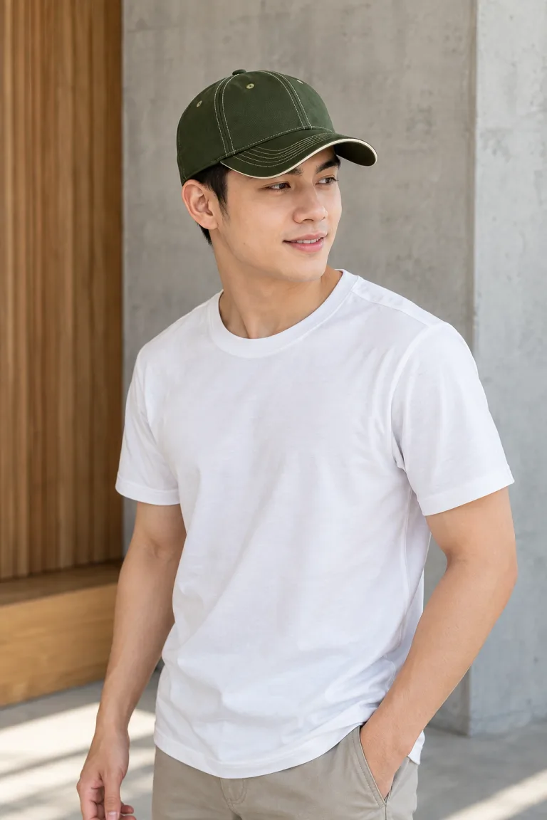 Người mẫu Việt Nam mặc Mũ đồng phục lưỡi trai sáu múi màu xanh rêu, vải cotton twill, viền chỉ tương phản