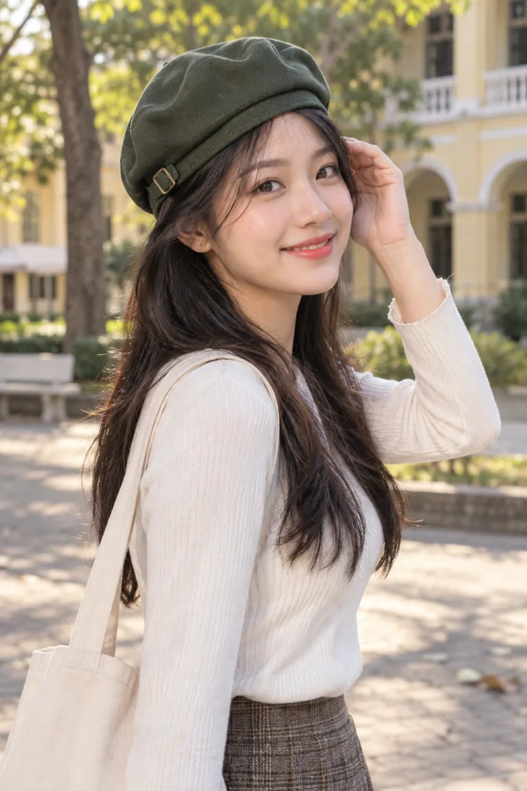 Người mẫu Việt Nam mặc Mũ đồng phục beret mềm màu xanh rêu, vải cotton twill, khóa tăng chỉnh