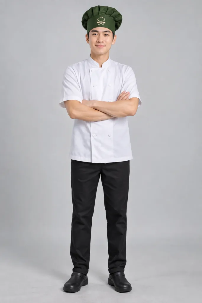 Người mẫu Việt Nam mặc Mũ đồng phục mũ bếp chụp đầu màu xanh rêu, vải kaki cotton, thêu logo mặt trước