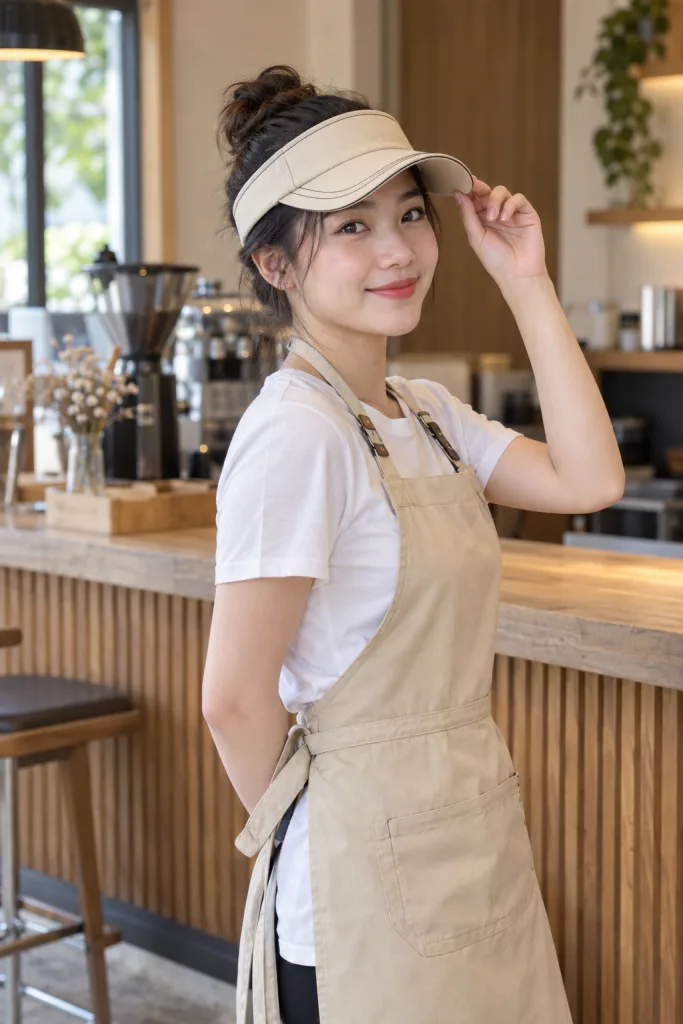 Mũ đồng phục visor nửa đầu màu be kem, vải kaki cotton, viền chỉ tương phản