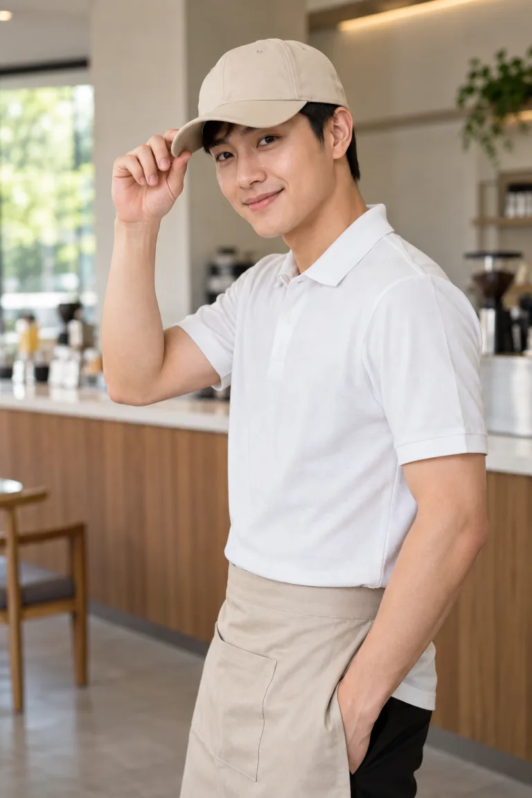 Người mẫu Việt Nam mặc Mũ đồng phục lưỡi trai sáu múi màu be kem, vải vải nhẹ thoáng khí, khóa tăng chỉnh