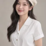 Mũ đồng phục beret mềm màu be kem, vải vải nhẹ thoáng khí, thêu logo mặt trước