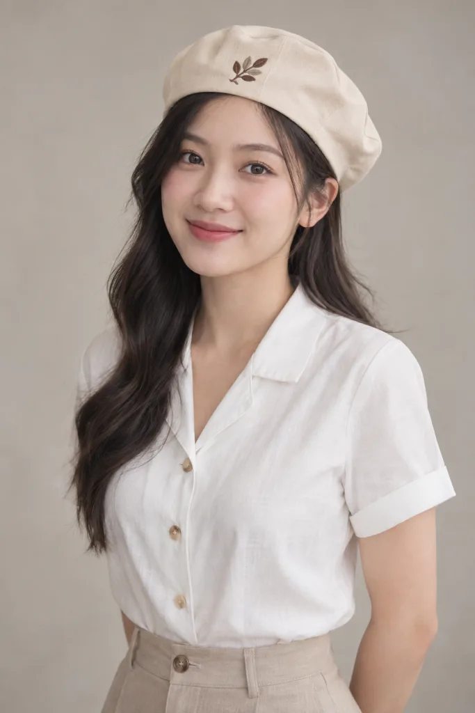 Mũ đồng phục beret mềm màu be kem, vải vải nhẹ thoáng khí, thêu logo mặt trước