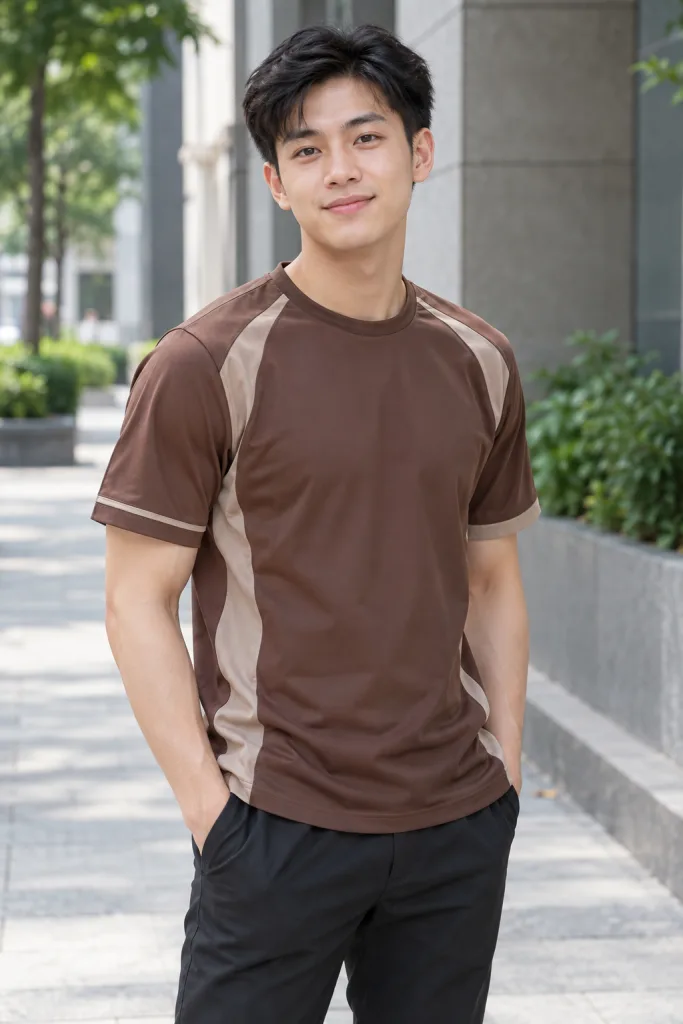 Người mẫu Việt Nam mặc Bộ đồng phục doanh nghiệp áo thun cổ tròn màu nâu cà phê, vải vải gió hai lớp, màu phối theo bộ phận