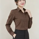 Bộ đồng phục doanh nghiệp sơ mi thanh lịch màu nâu cà phê, vải vải gió hai lớp, form nam nữ riêng