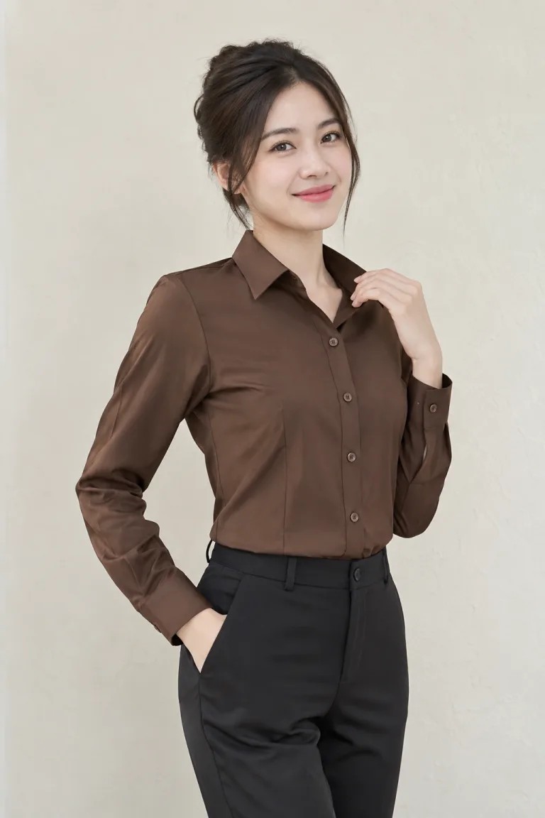 Người mẫu Việt Nam mặc Bộ đồng phục doanh nghiệp sơ mi thanh lịch màu nâu cà phê, vải vải gió hai lớp, form nam nữ riêng