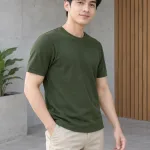 Bộ đồng phục doanh nghiệp áo thun cổ tròn màu xanh rêu, vải cá sấu co giãn, form nam nữ riêng