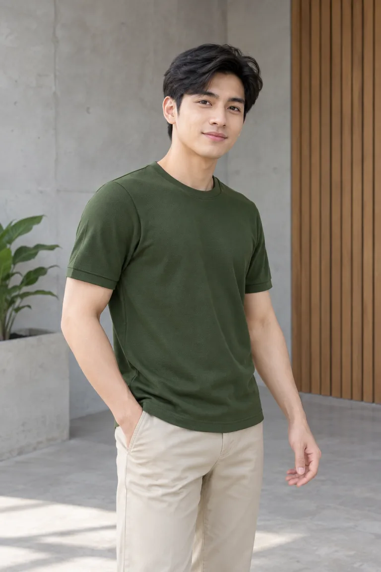 Người mẫu Việt Nam mặc Bộ đồng phục doanh nghiệp áo thun cổ tròn màu xanh rêu, vải cá sấu co giãn, form nam nữ riêng